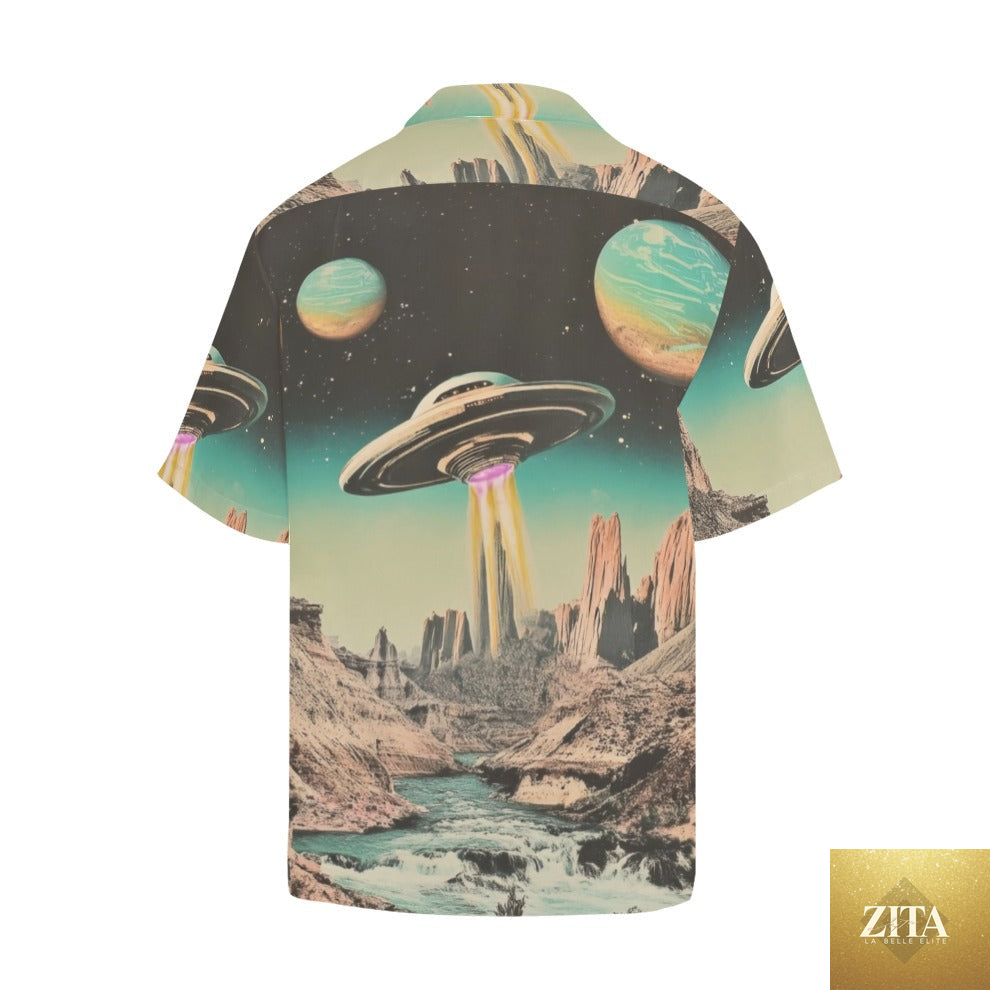 Retro Pop Western Space Cowboy Camp Shirt by Baha Ranch Western Wear, featuring a vibrant western-themed design.