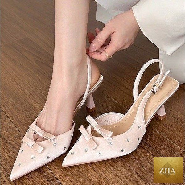 Women’s closed toe slingback stiletto heels by Zita La Belle Elite with bowknot and rhinestone embellishments, stylish footwear for formal occasions.