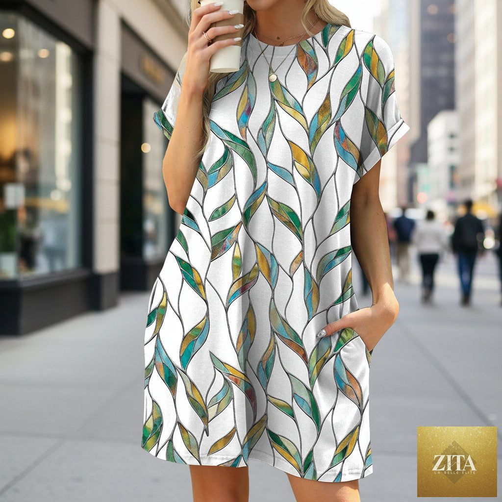 Floral print loose pocket dress by FitiqueFit featuring a round neck and short sleeves, perfect for casual wear.