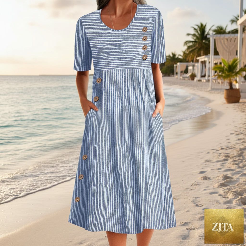 Zita La Belle Elite button-down swing maxi dress with short sleeves, pockets, and a pullover design, flowing long dress for casual wear.