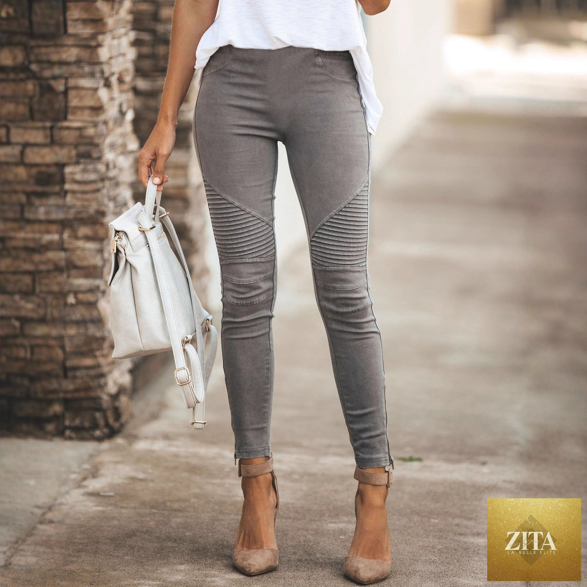 Women's casual slim-fit stretch pants in neutral color, fitted style, made by My Store, shown on a model.