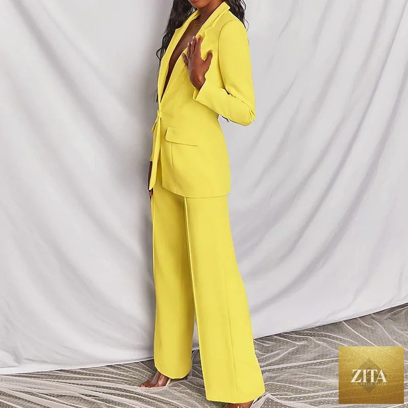 FitiqueFit lapel button-down blazer and straight-leg trousers two-piece suit set, shown on a model in a professional pose