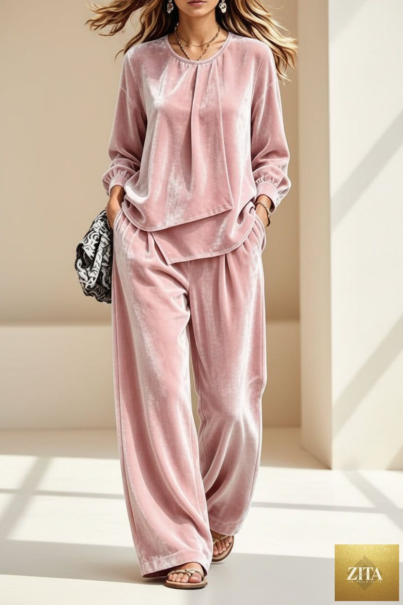Women's Velvet Center-Pleat Relaxed Top & Wide-Leg Pants Set