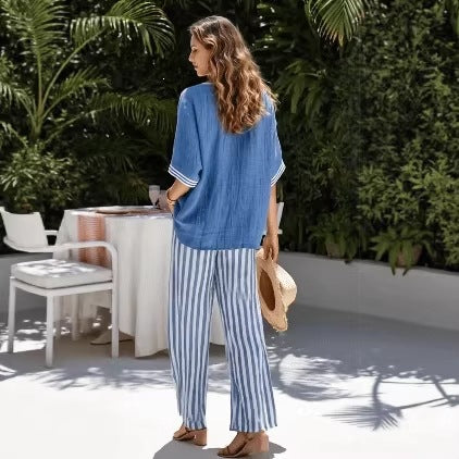 Women's striped tunic top and casual trousers two-piece set by FitiqueFit, featuring a relaxed fit and stylish design.