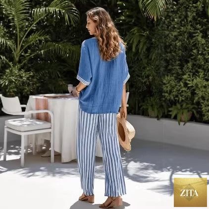Women's striped tunic top and casual trousers two-piece set by Zita La Belle Elite, featuring relaxed fit and stylish design.