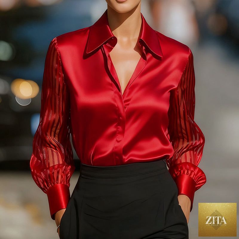 Women’s satin lapel collar blouse with sheer long sleeves and button-down front, stylish casualwear by FitiqueFit.