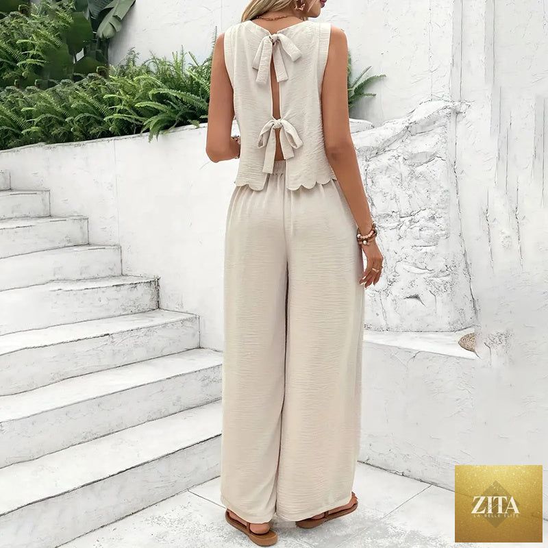 Elegant FitiqueFit casualwear 2-piece matching set with sleeveless crop top and wide-leg pants, perfect for stylish everyday wear.