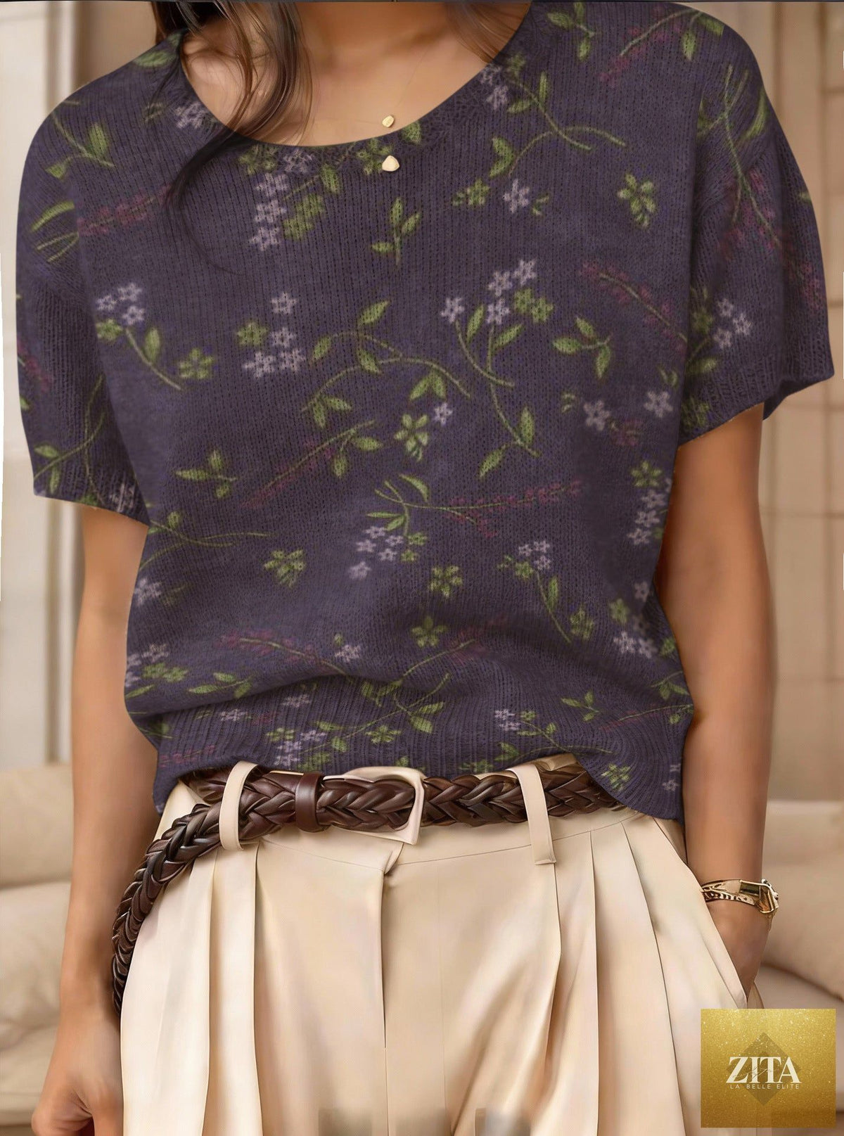 Women's retro short-sleeve Jacquard knit top by Zita La Belle Elite, featuring a detailed pattern and casual style.