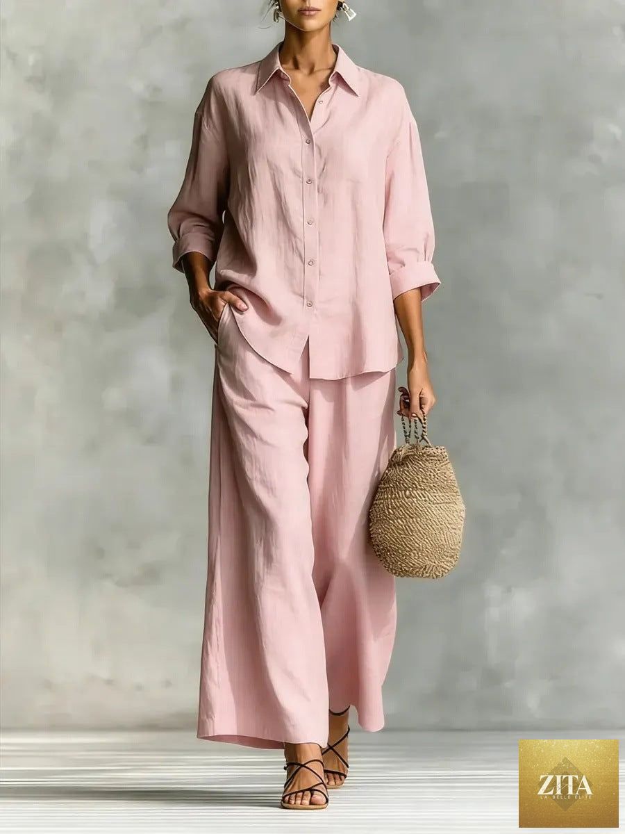 Zita La Belle Elite cotton-linen casual shirt and wide-leg pants suit in six colors, available in sizes S to 5XL.