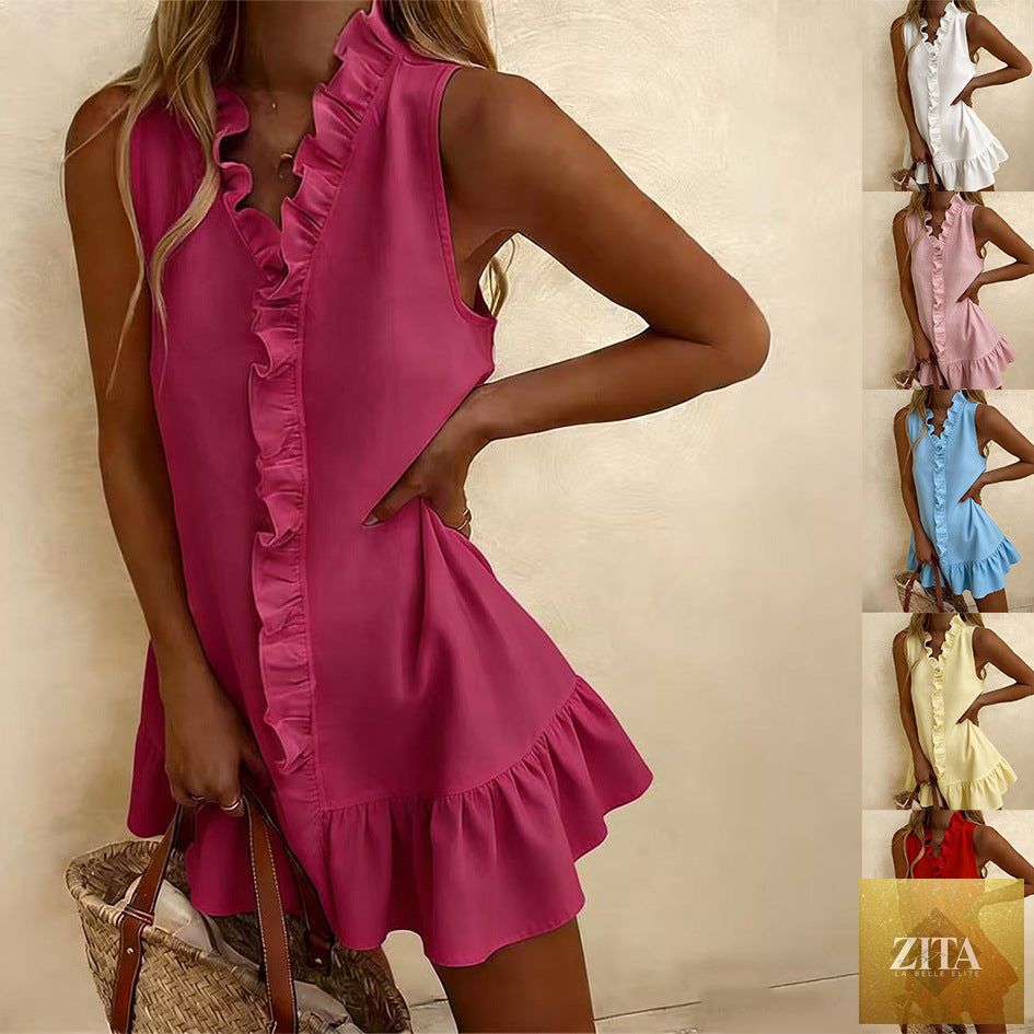 Zita La Belle Elite cotton-linen sleeveless mini dress with ruffle hem, available in six colors, casualwear for S to 2XL sizes.