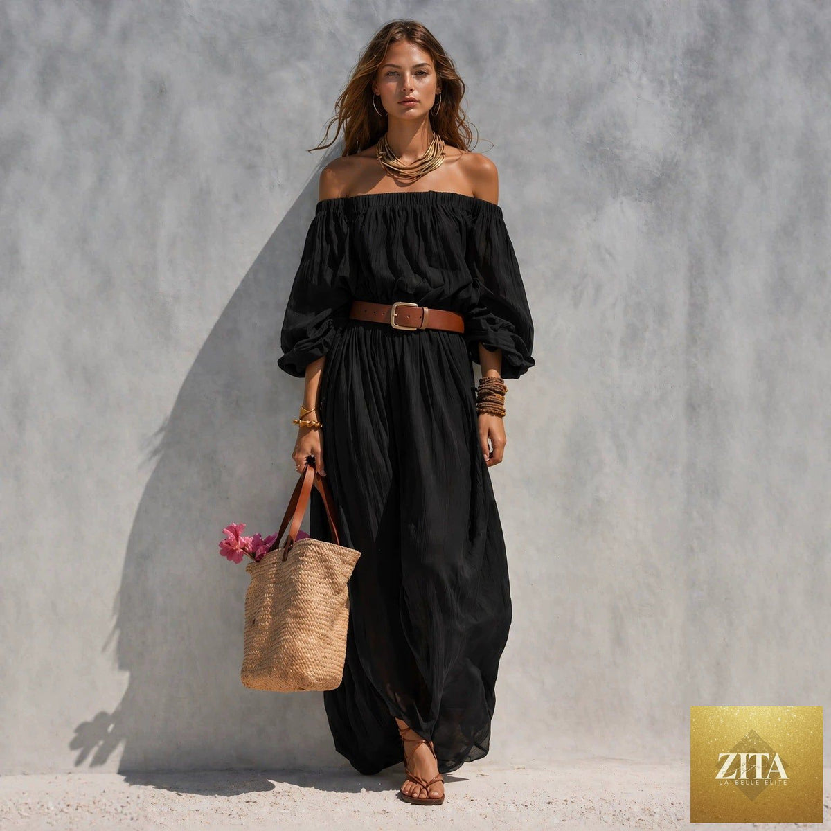 Women’s sleeveless cotton-linen maxi dress with boat neckline by FitiqueFit, shown hanging on a wooden hanger.