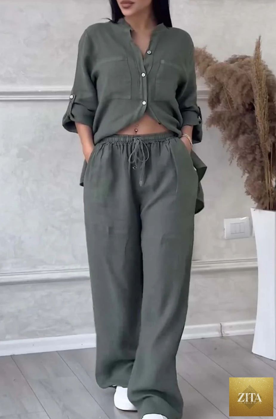 Zita La Belle Elite wide-leg pants and lace-up top two-piece set in solid color, available in 12 sizes and 12 colors.