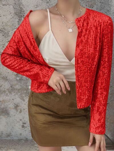 Stevvex women's full-size sequin cropped jacket with open front and glamorous sparkle, perfect for party and evening wear.