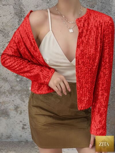 Elegant women's full-size sequin cropped jacket with open front and glamorous sparkle, by Zita La Belle Elite, perfect for parties.