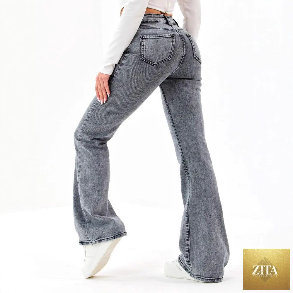 Women’s denim flared pants for autumn, stylish blue jeans with a high waist and flared leg, casual and trendy fashion by My Store.