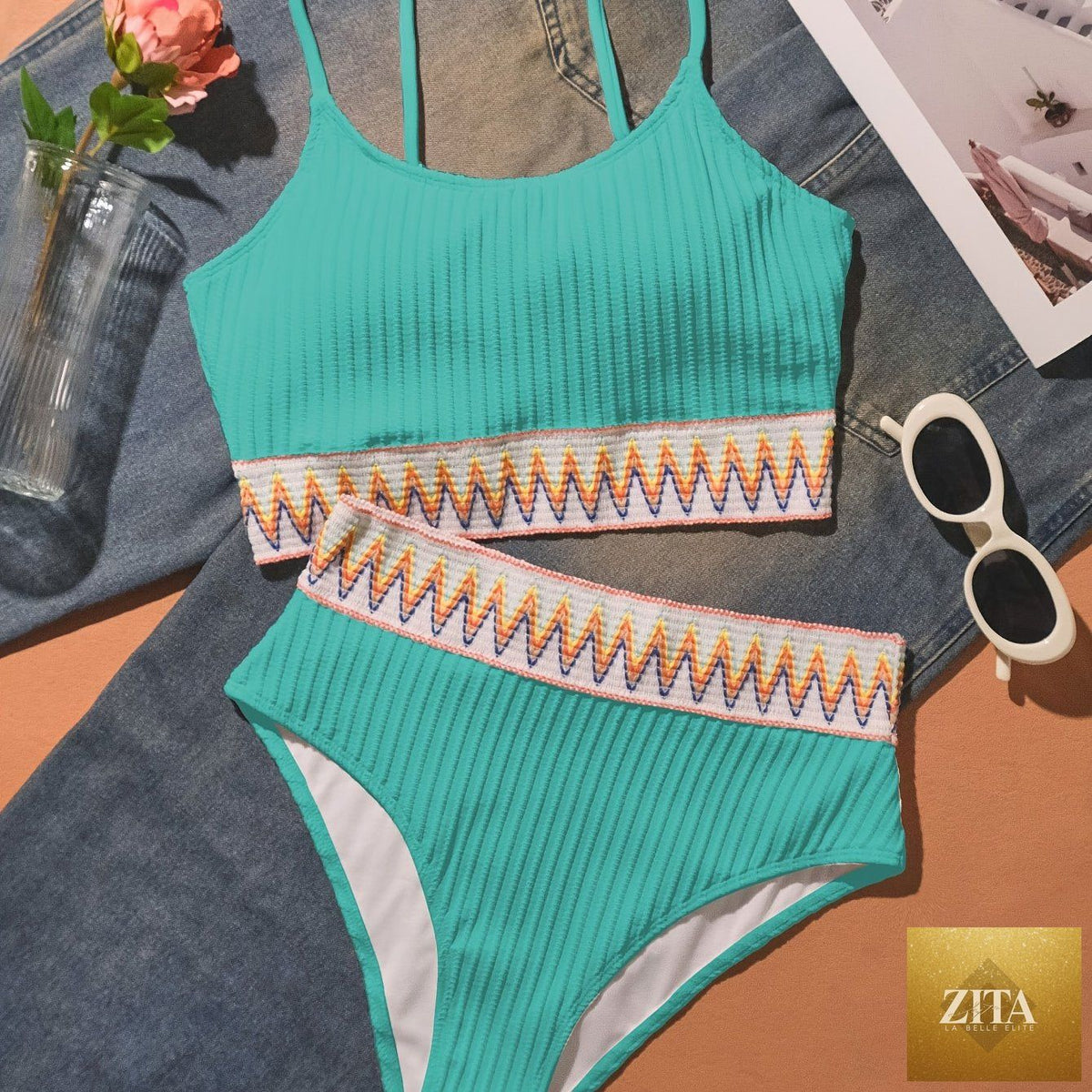 Stevvex bikini set with scoop neck, high waist, contrast band detail, solid color, stretchy fabric, ideal for beach or pool.