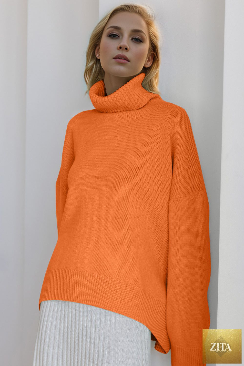 ShopBasicbae Basic Bae turtleneck sweater with dropped shoulders and long sleeves, shown in a cozy, casual fit.