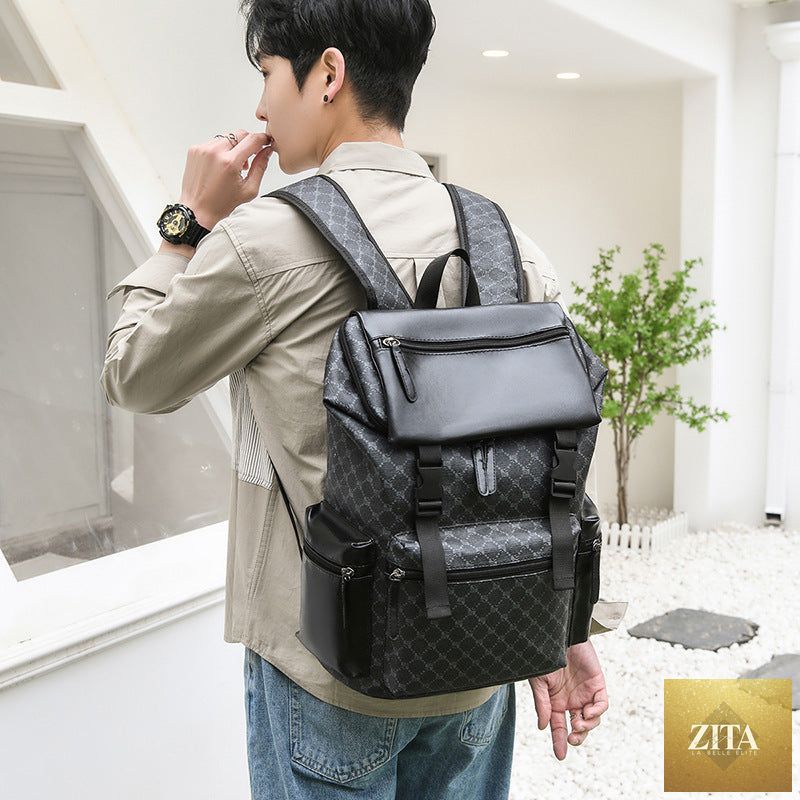 Men's large-capacity travel backpack by Social Buzz eSIMs, showing multiple compartments, adjustable straps, and durable fabric.