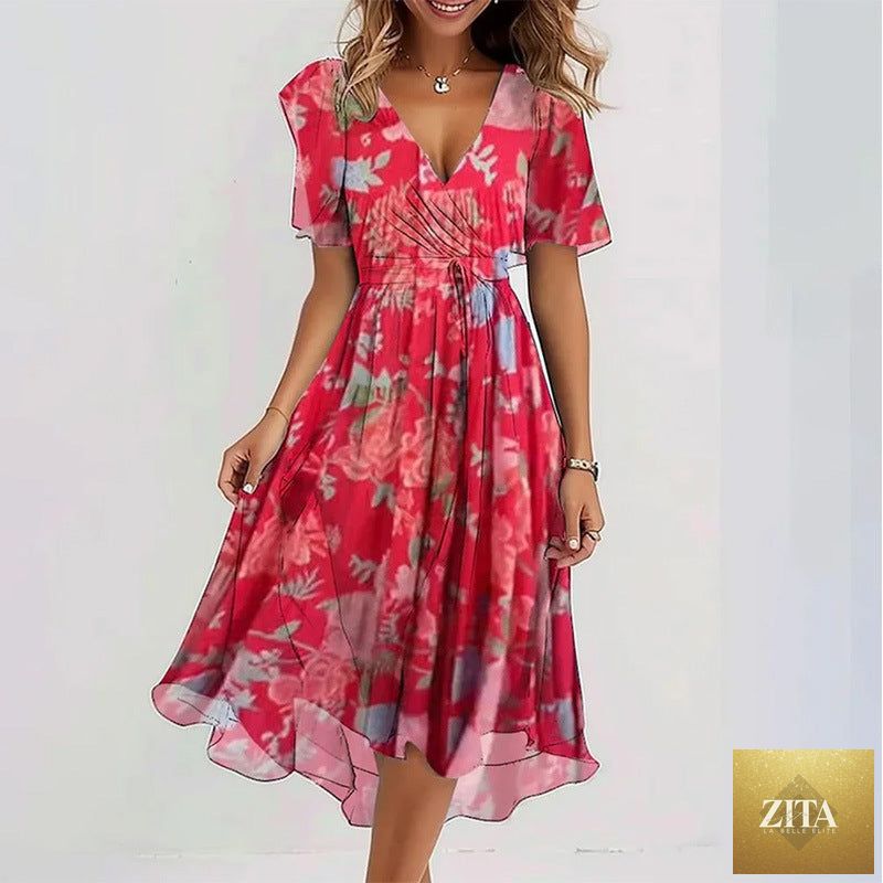 Floral print FitiqueFit A-line V-neck short sleeve midi dress displayed on a hanger, showcasing its vibrant pattern and elegant design.