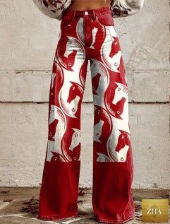 Women's printed flare pants by Zita La Belle Elite, mid-waist, full-length casualwear in plus size with vibrant floral pattern.