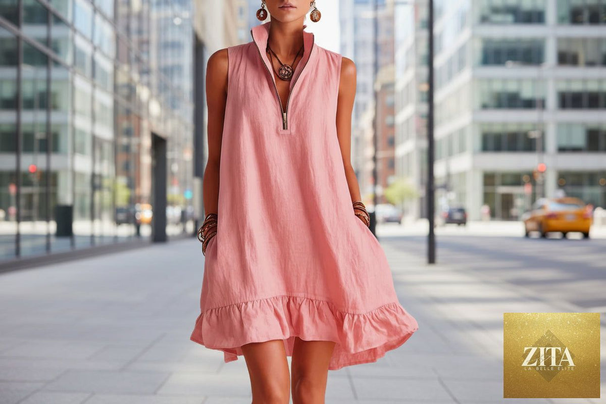 Zita La Belle Elite women's casual sleeveless dress with half-zip, ruffle hem, loose fit, perfect for relaxed occasions.