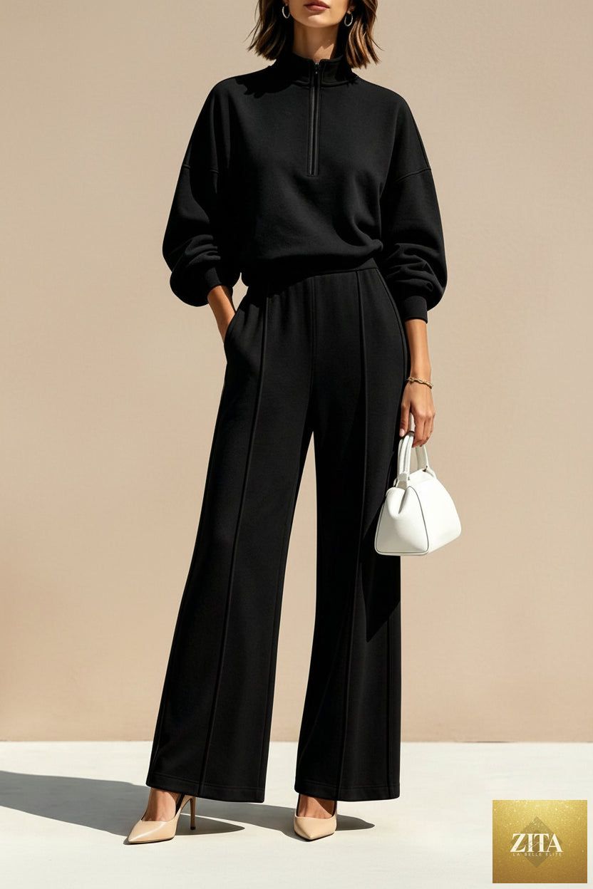 Women's Half-Zip Hoodie & Wide-Leg Pants Set