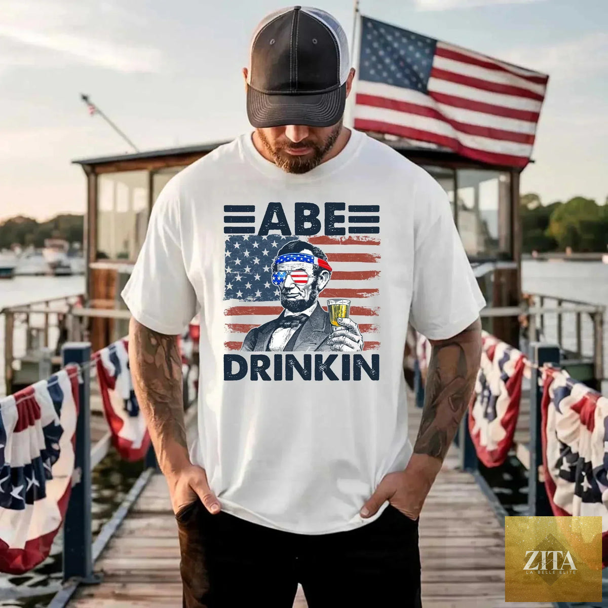 Abraham Lincoln patriotic drinking T-shirt featuring a Fourth of July design from Adorb Custom Tees.