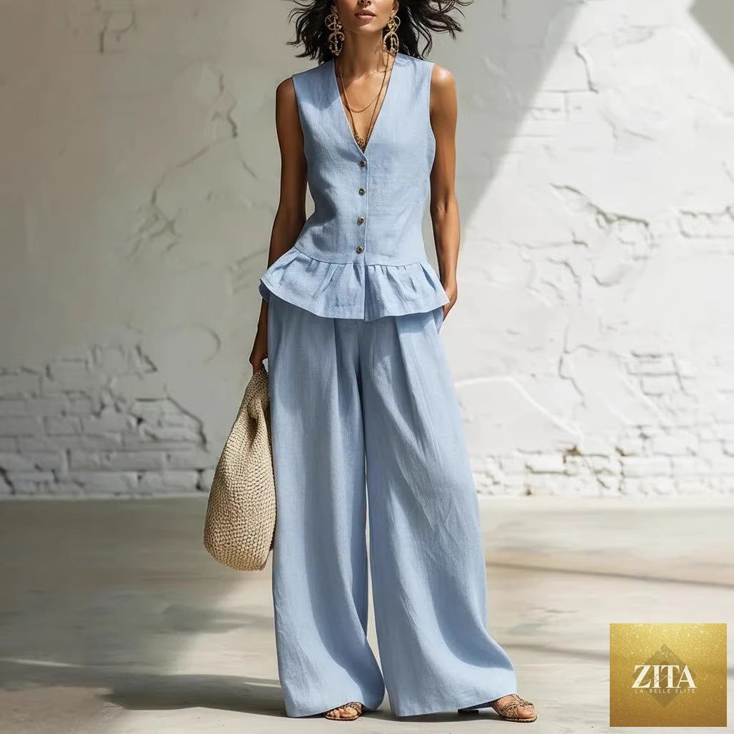 Women's Bohemian ruffled sleeveless tank and matching pants set by Zita La Belle Elite, casual boho style, relaxed fit.