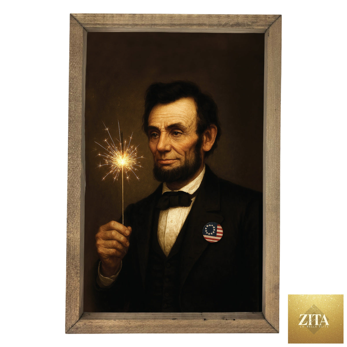 Framed art of Abraham Lincoln holding a sparkler, displayed in a black frame, by 12timbers.