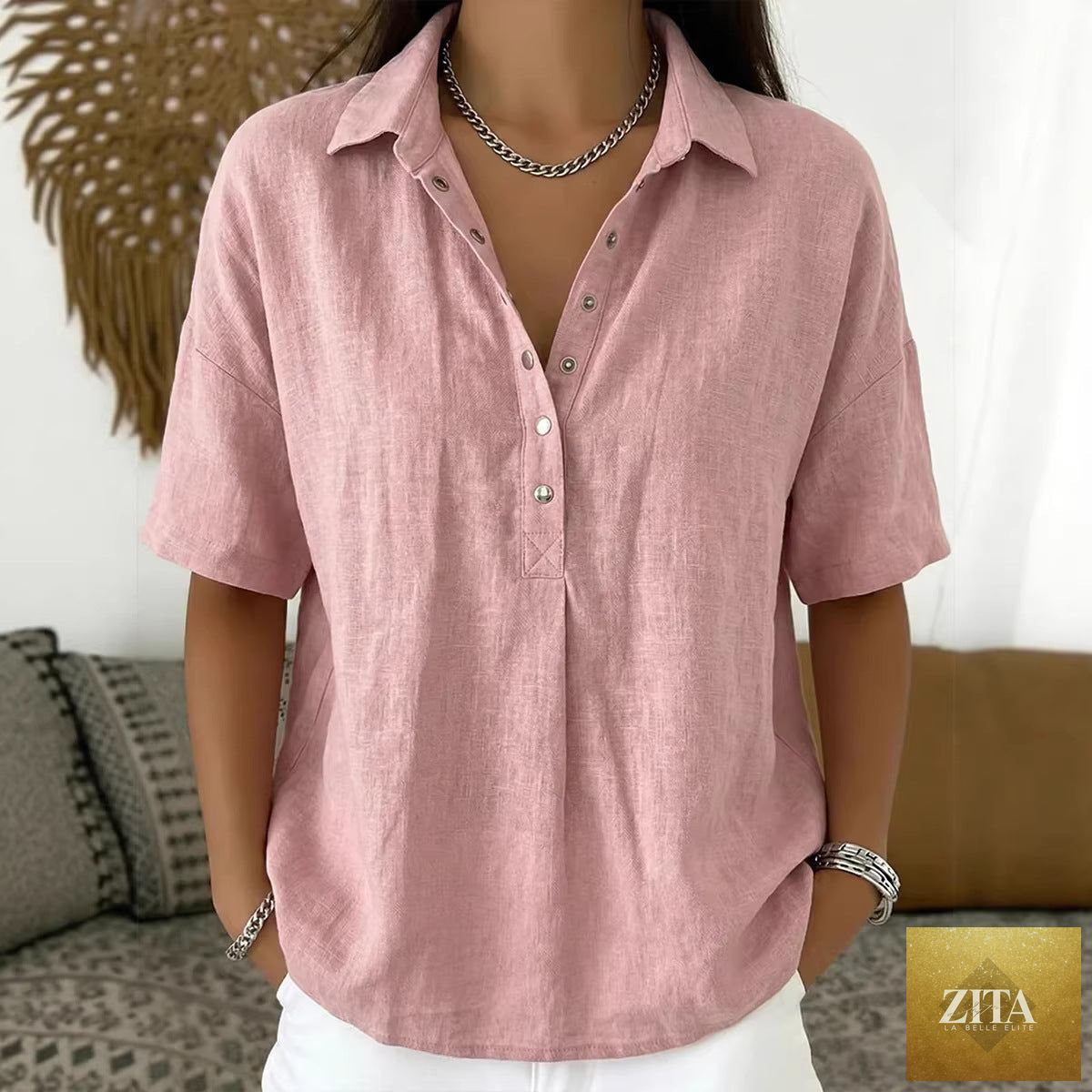 Zita La Belle Elite women's short sleeve button pullover shirt in solid color, casual top with a classic collar and front buttons.