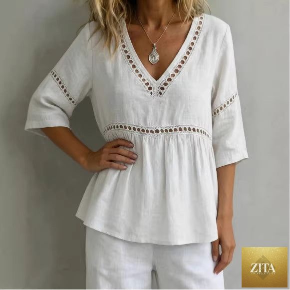 Women's V-neck hollow-out fringe cotton-linen top by Zita La Belle Elite, featuring a casual V-neck design with fringe and cut-out details.