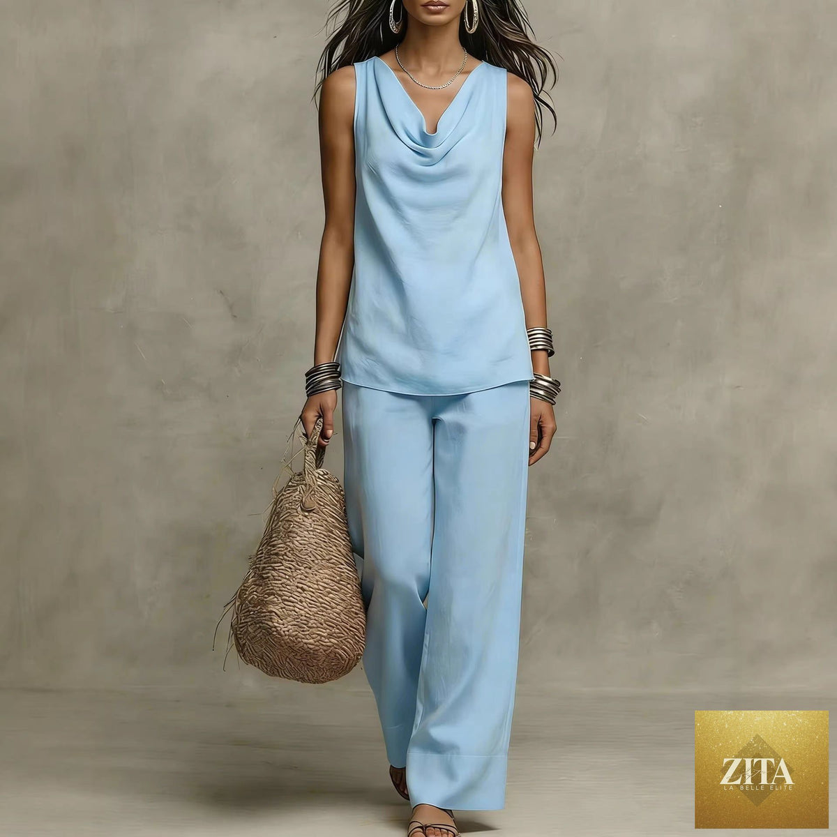 Women's sleeveless slash-neck tank top and casual pants set by Zita La Belle Elite, featuring a relaxed fit and stylish design.