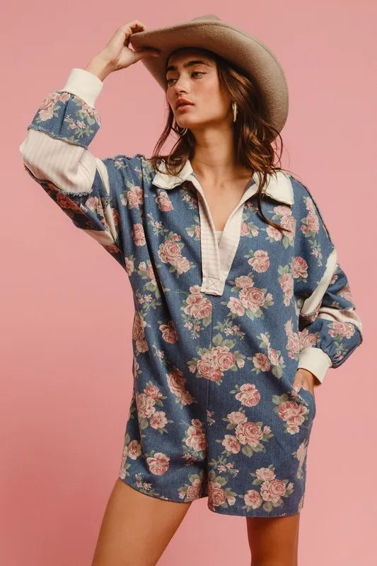 BiBi Washed Floral Denim Romper With Contrast Collar