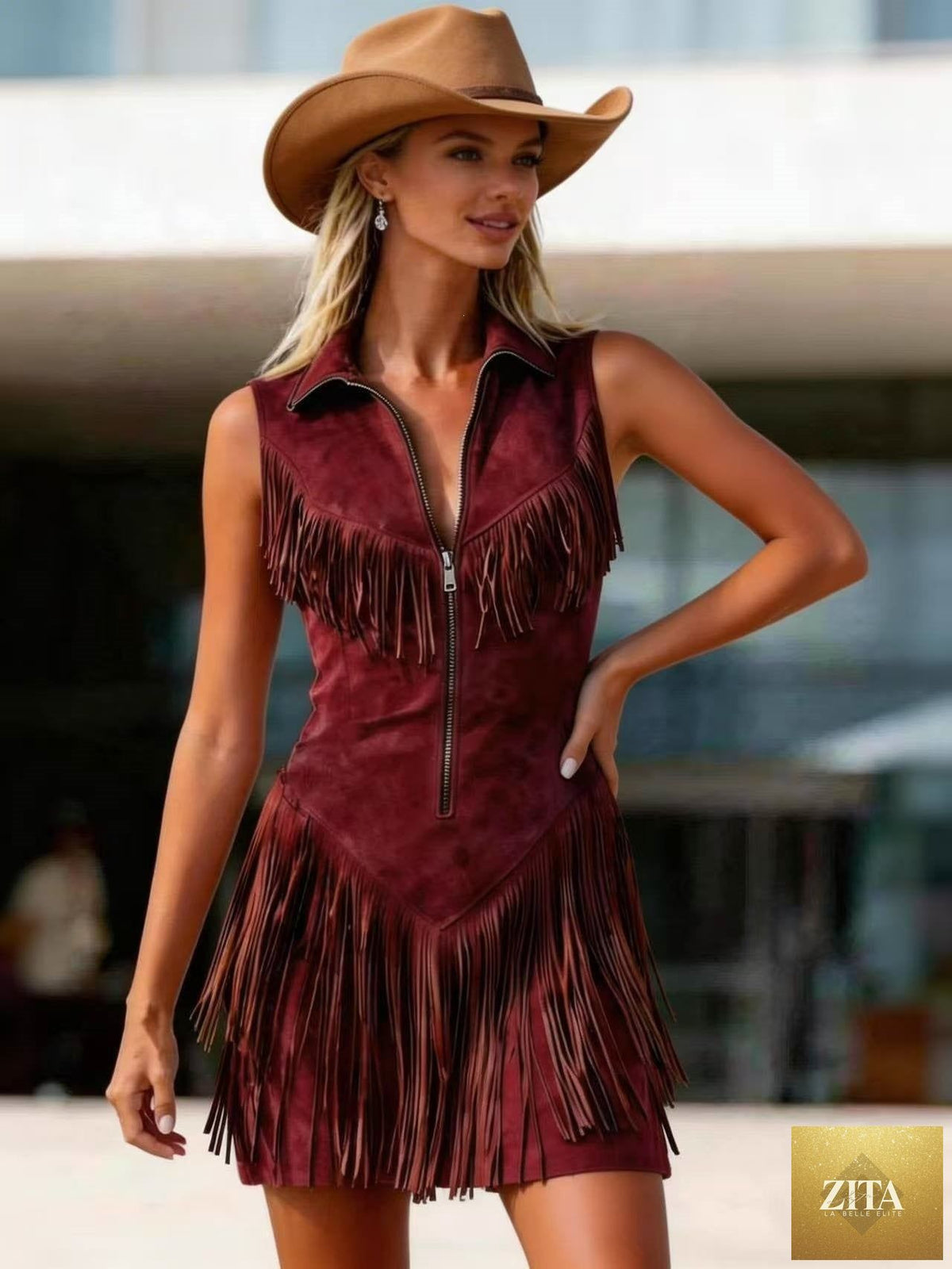Women's suede Western tassel sleeveless slim-fit midi dress by Zita La Belle Elite, featuring tassel details and a sleek, fitted silhouette.