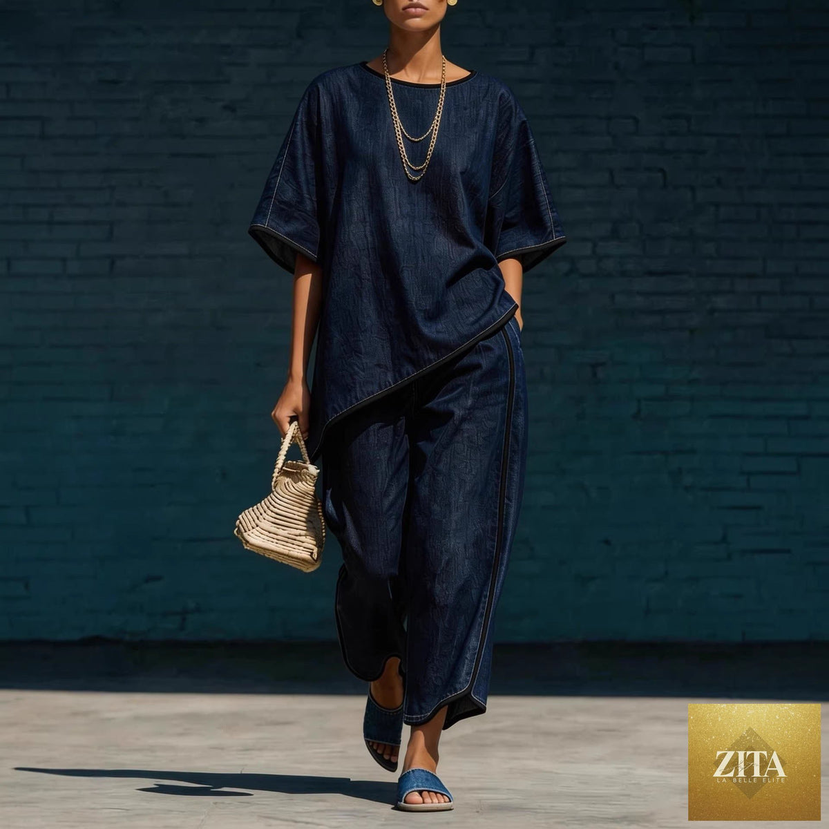 Women's denim-style knit top and wide-leg pants set by Zita La Belle Elite, casualwear with a relaxed fit and stylish design.