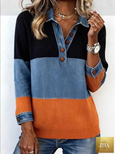 Women's Zita La Belle Elite contrast color button-detail pullover knit top, casualwear with elegant style and commuter-ready design.