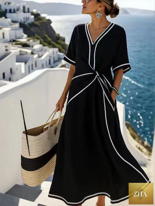 Zita La Belle Elite striped print maxi dress with short sleeves, perfect for beach and vacation wear, flowing and stylish.