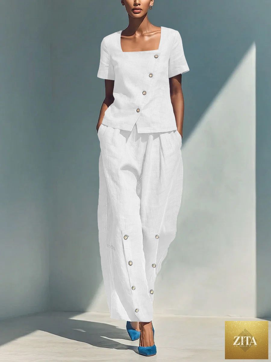 Plus size women's casualwear set with loose short-sleeve top and high-waist pants by Zita La Belle Elite, styled for comfort and fashion.