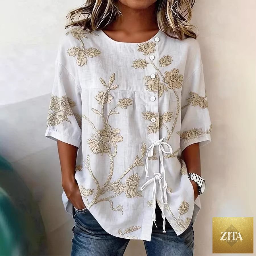 Women's floral 3D print pullover top by FitiqueFit, loose fit casualwear with elegant floral design in size S to 3XL.
