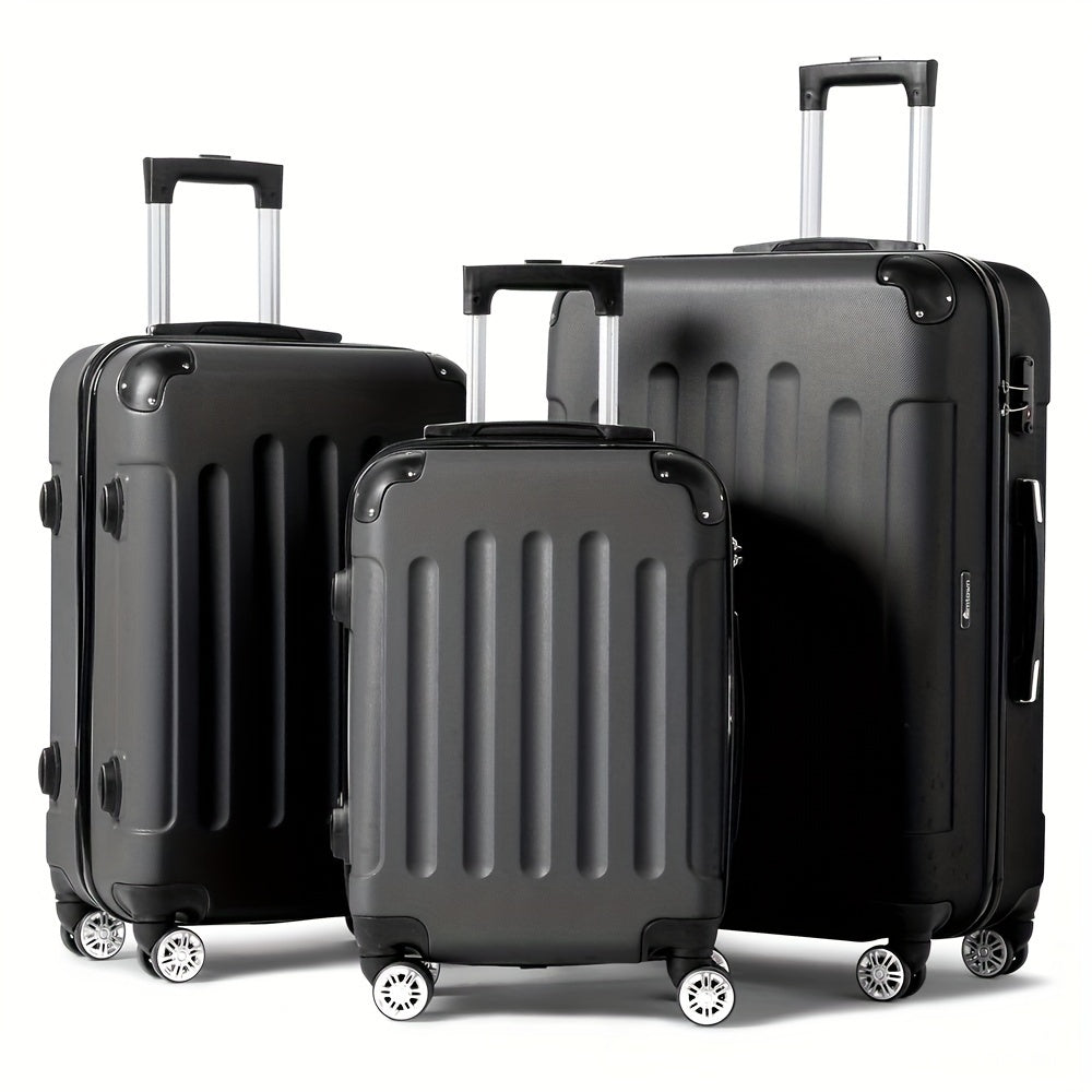 Three-piece hard shell travel luggage set with TSA locks and 360° spinner wheels in black, including 20, 24, and 28-inch suitcases.