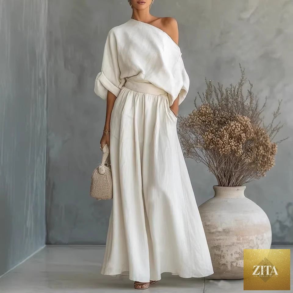 Zita La Belle Elite casualwear two-piece set with cropped off-shoulder top and matching pants in various colors, available in sizes S–5XL.
