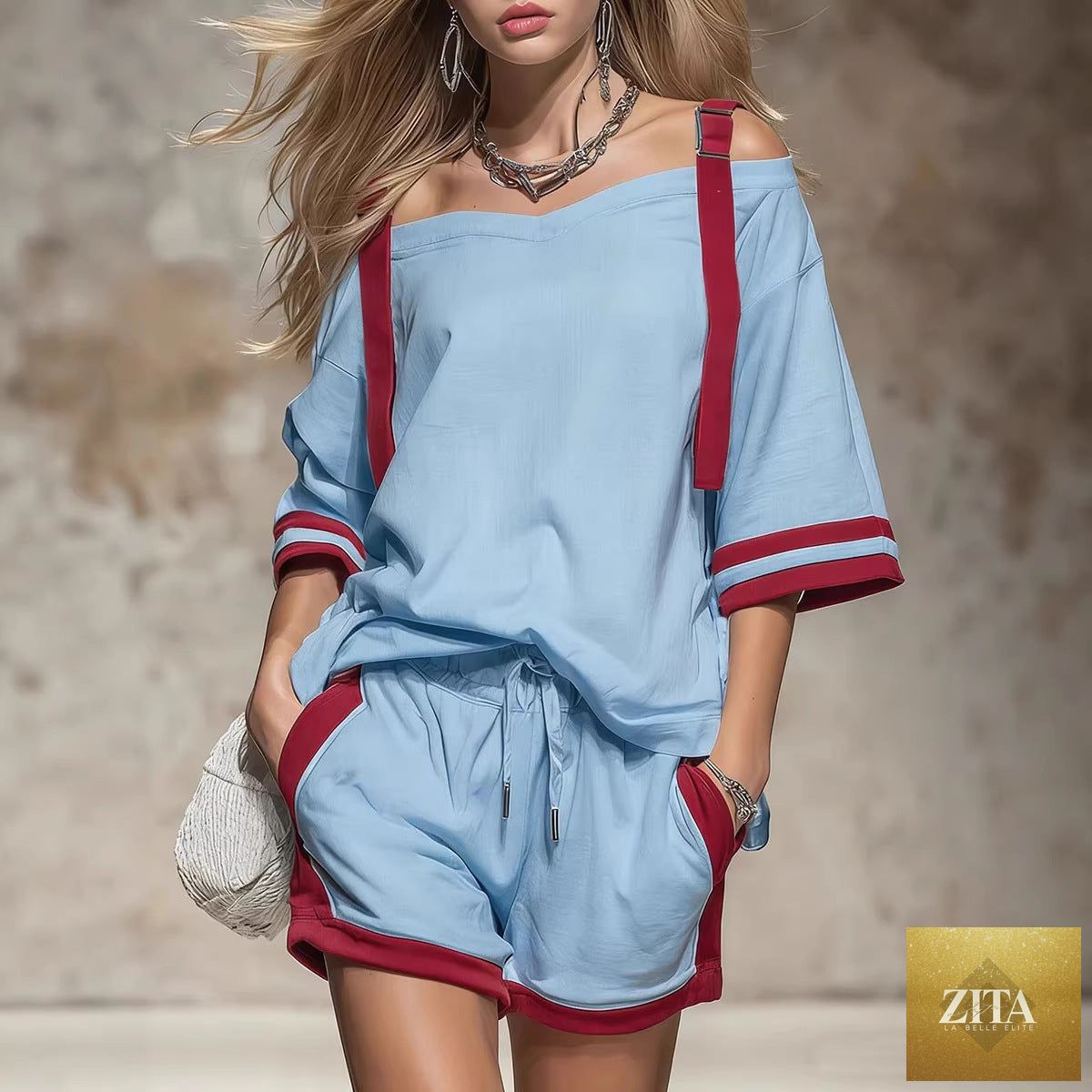 Women's summer contrast color-block patchwork shorts set by Zita La Belle Elite, featuring a casual 2-piece outfit with vibrant design.