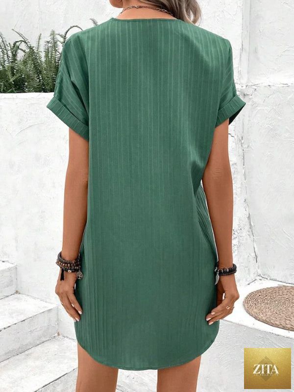 FitiqueFit short sleeve button-front V-neck dress in solid casual style, showing a flattering fit and classic design.