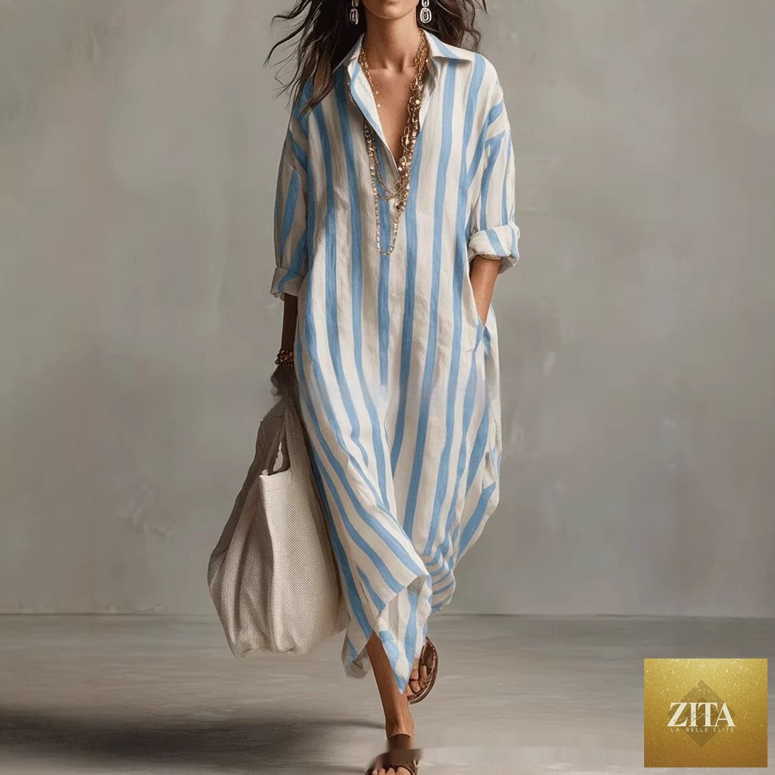 Zita La Belle Elite striped lapel collar dress with side slits and pockets, featuring a stylish and comfortable design.