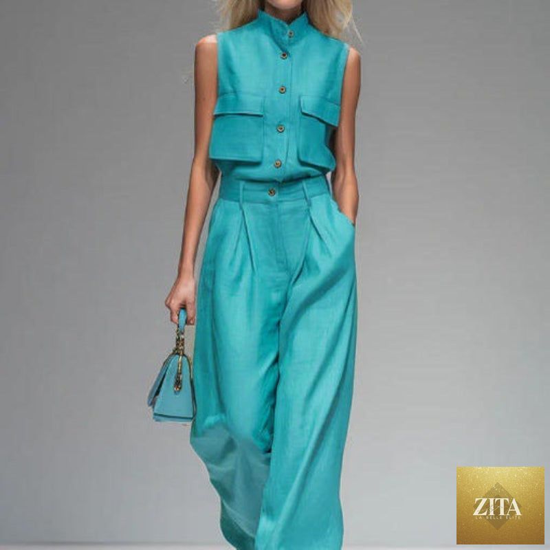 Women’s casual sleeveless vest and wide-leg pants set by Zita La Belle Elite, featuring lightweight fabric and relaxed fit.