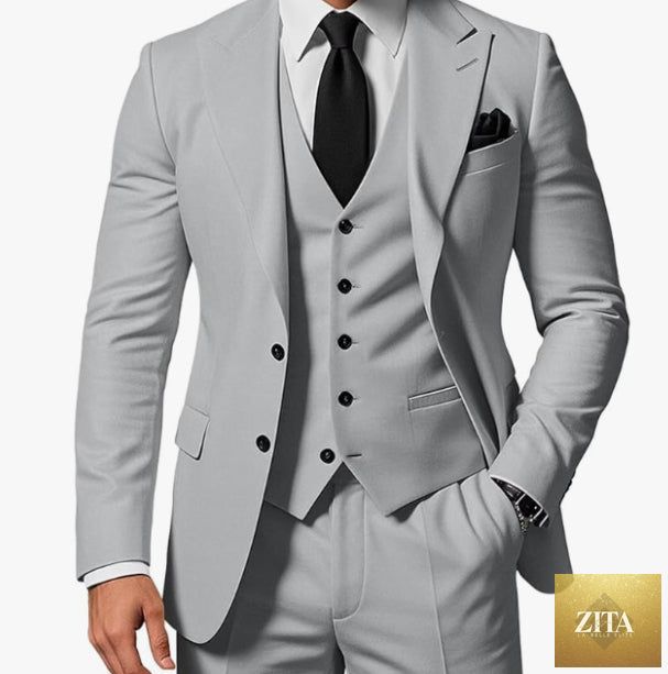 Mandotos men's three-piece business suit featuring a jacket, vest, and trousers in classic tailored style.