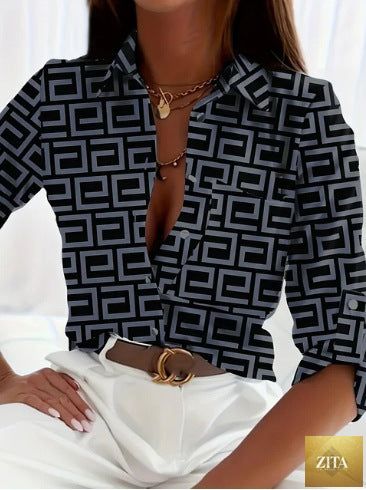 Women’s Stripe Print Long-Sleeve Blouse by FitiqueFit, casualwear top with multicolored horizontal stripe pattern and button front.