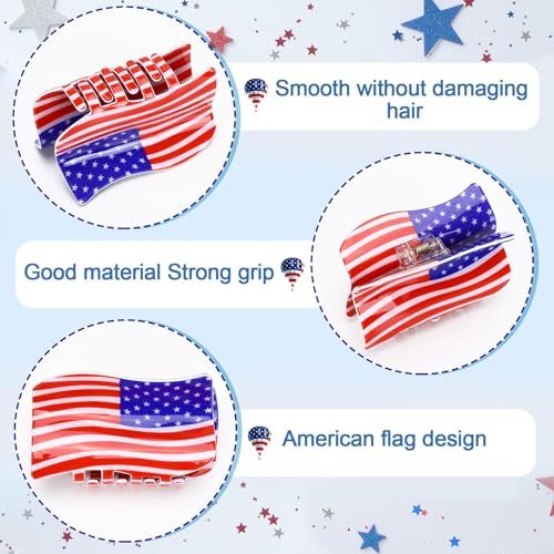 3Pcs American Flag Shaped Claw Clips USA Patriotic 4th Of July Design