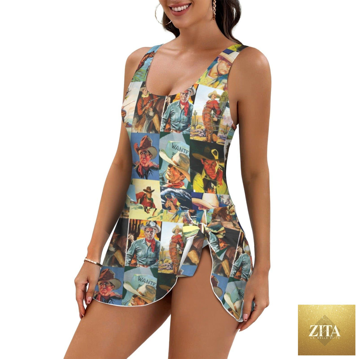 Vintage cowboy-themed one-piece swimsuit with skirt detail from Baha Ranch Western Wear, featuring western-inspired design and patterns.