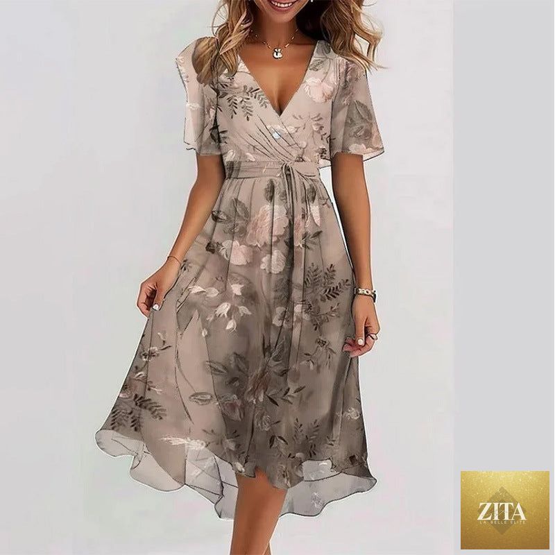 Floral print FitiqueFit A-line dress with V-neck, short sleeves, midi length, perfect for spring and summer wear.